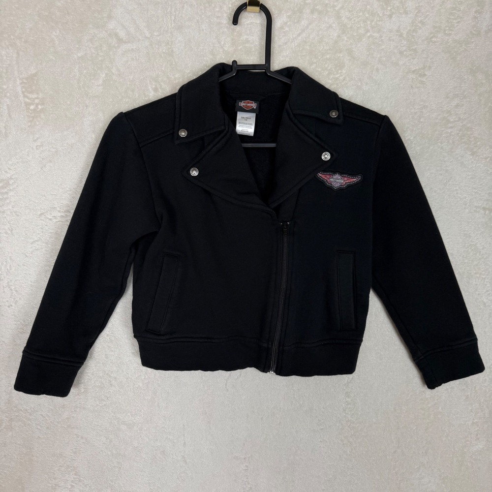 Harley Davidson Girls Black Moto Sweatshirt Jacket Pink Logo Size 7/8